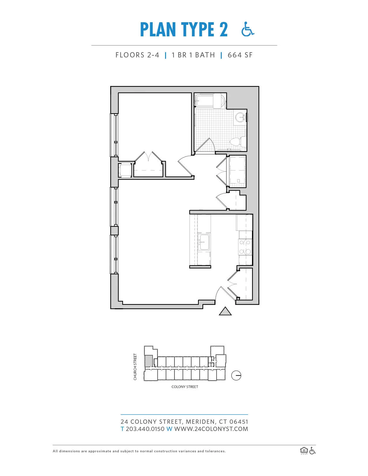 Type II floor plan, 664 square feet